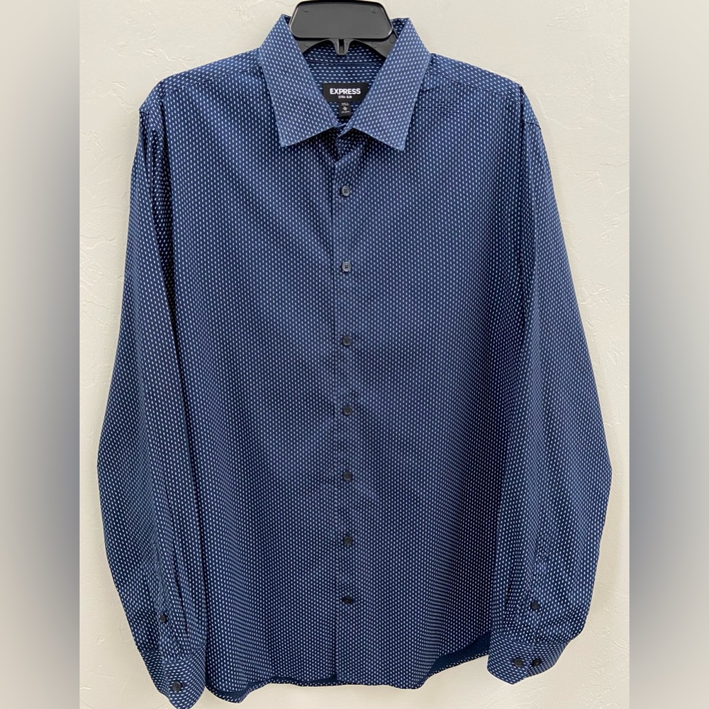 Express Extra Slim Mens Navy And White Printed Dress Shirt Size XL 17-17.5